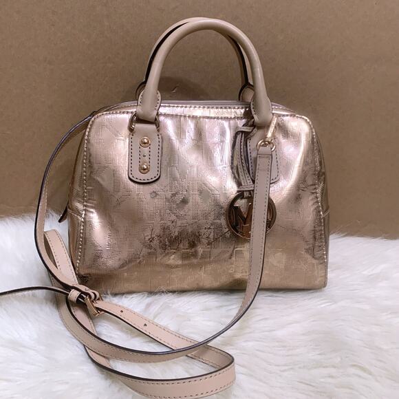 MICHAEL KORS Pink Gold Rose Gold Mirror Metallic Small Satchel w/Strap - Picture 1 of 16